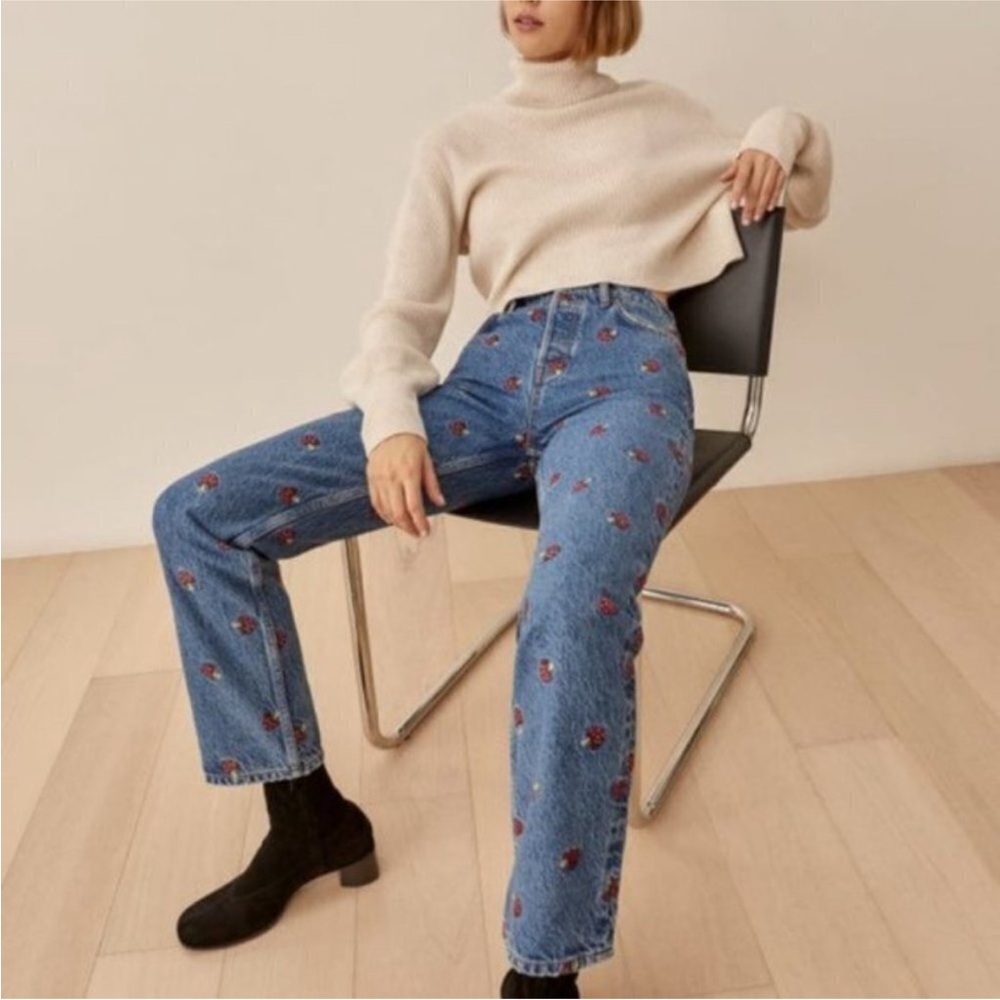 Reformation Blue Straight-Leg Jeans with Red Floral Embroidery